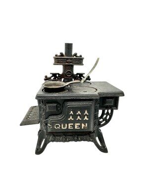 Queen Cast Iron Miniature Toy Stove With Accessories Vintage Style Collectible